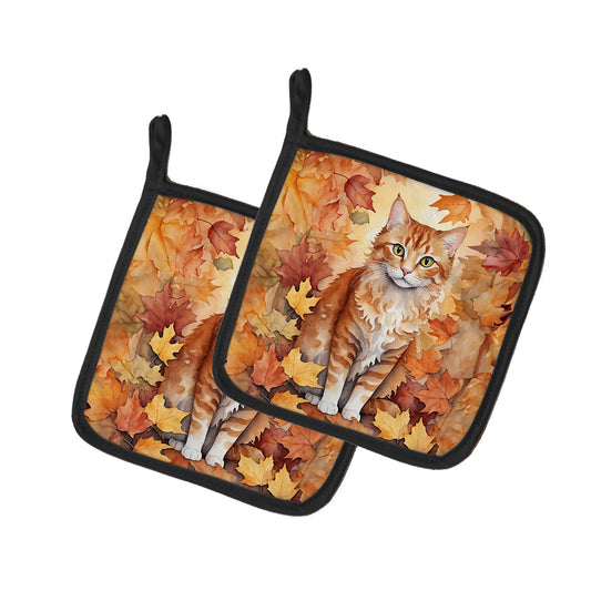 Buy this La Perm Cat in Fall Leaves Pair of Pot Holders