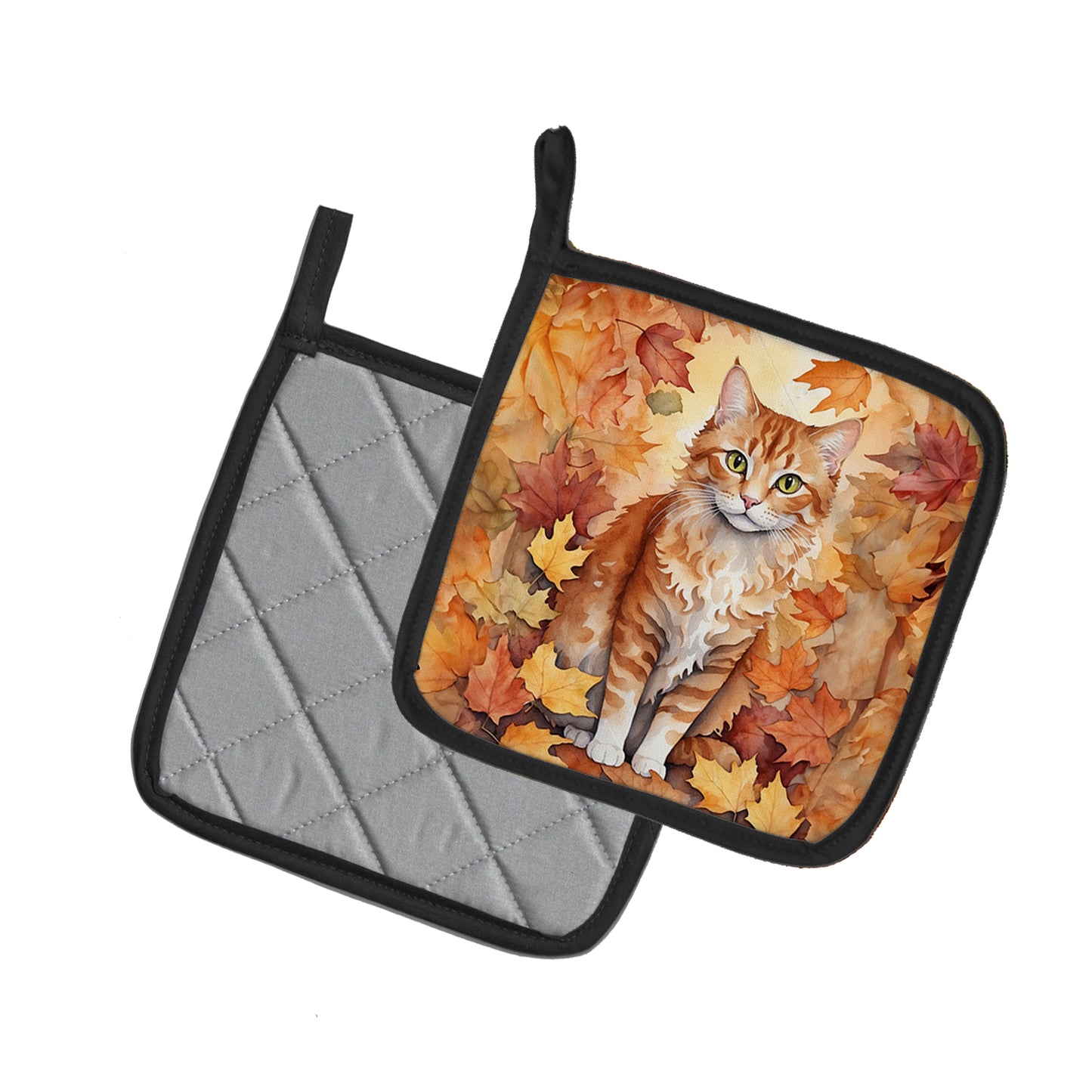 La Perm Cat in Fall Leaves Pair of Pot Holders