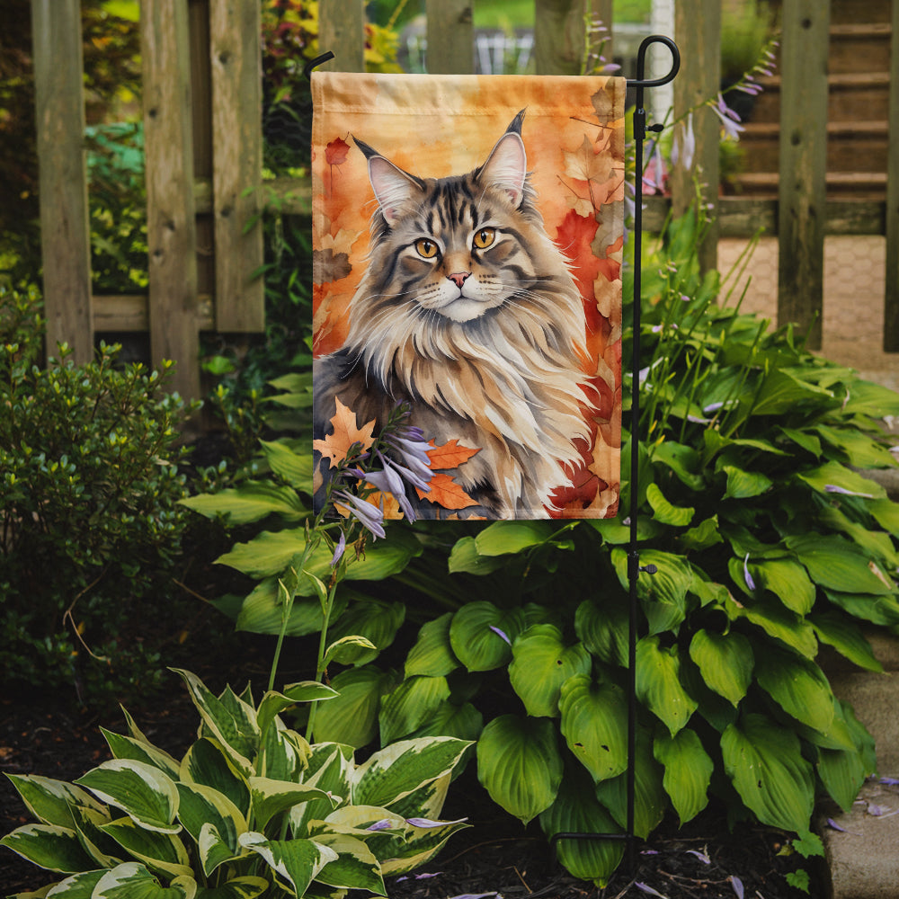 MaineCoon Cat in Fall Leaves Garden Flag