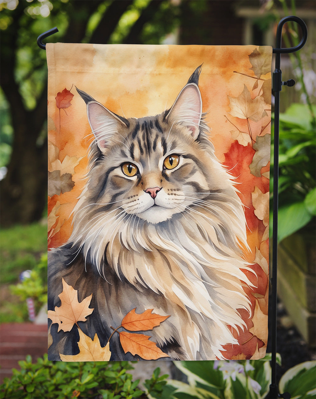 MaineCoon Cat in Fall Leaves Garden Flag