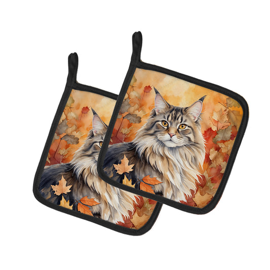 Buy this MaineCoon Cat in Fall Leaves Pair of Pot Holders