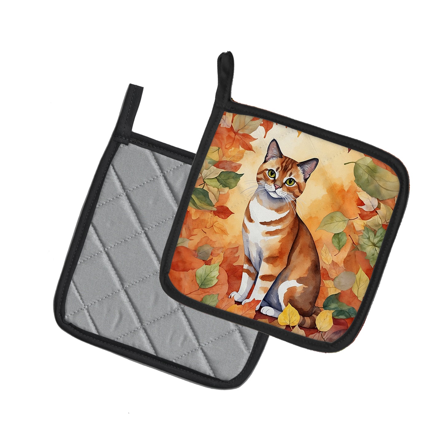 Malayan Cat in Fall Leaves Pair of Pot Holders