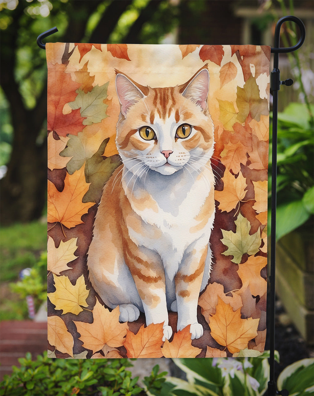 Manx Cat in Fall Leaves Garden Flag