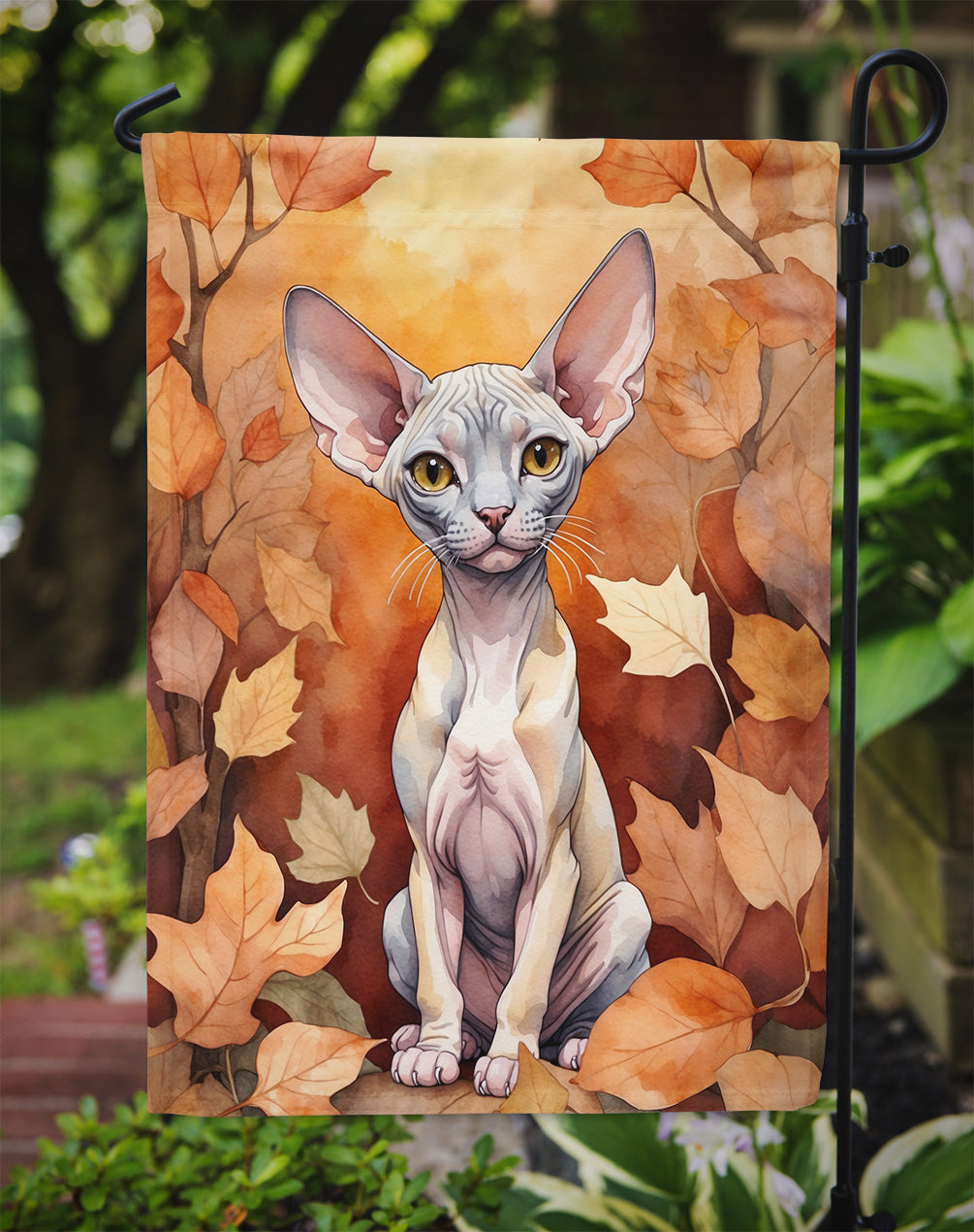 Minskin Cat in Fall Leaves Garden Flag