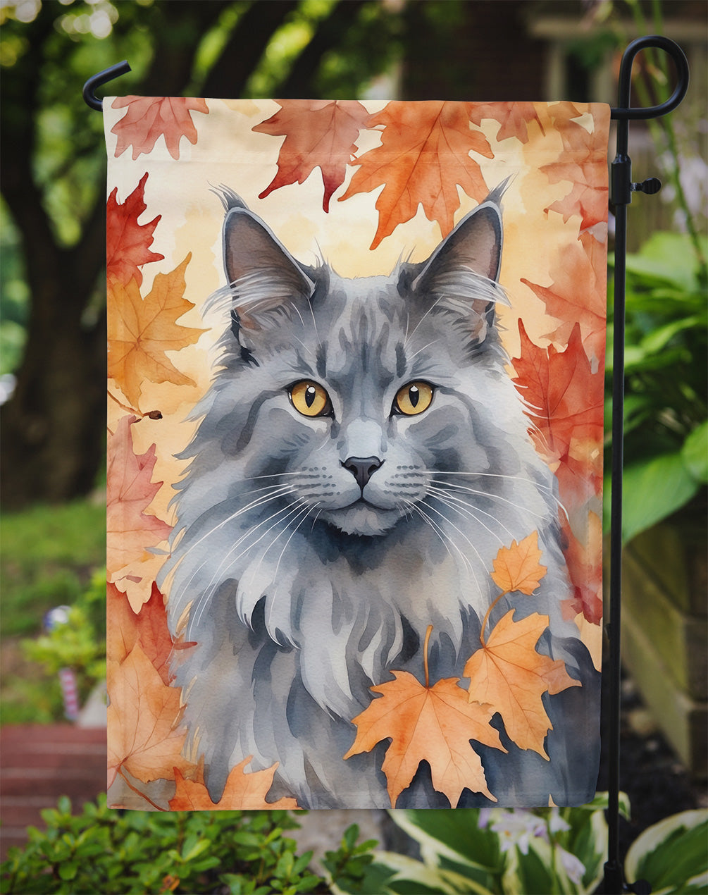 Nebelung Cat in Fall Leaves Garden Flag