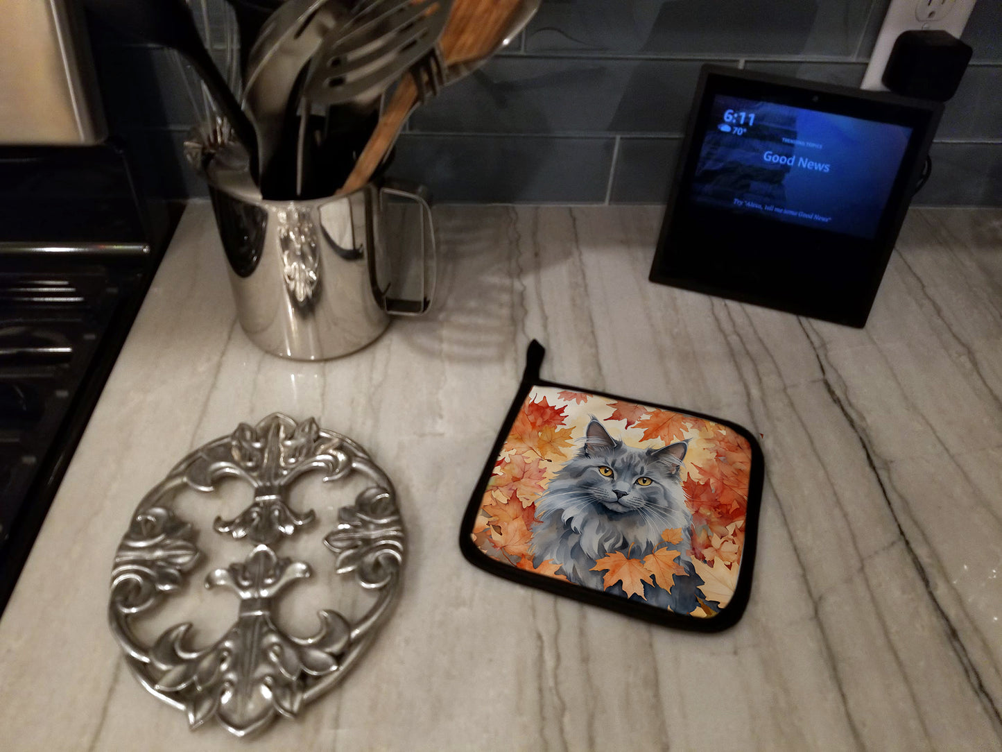 Nebelung Cat in Fall Leaves Pair of Pot Holders