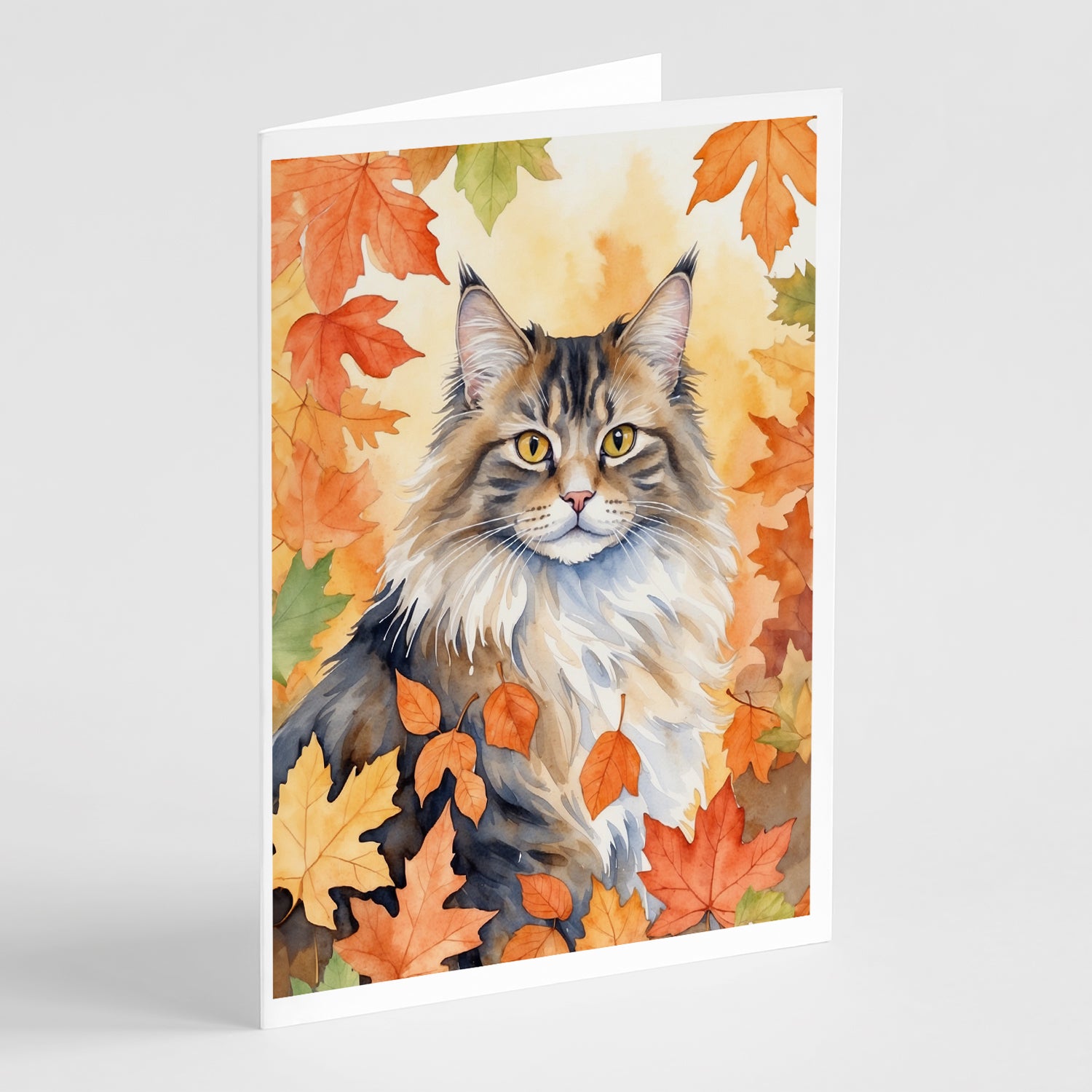Buy this Norwegian Forest Cat in Fall Leaves Greeting Cards Pack of 8