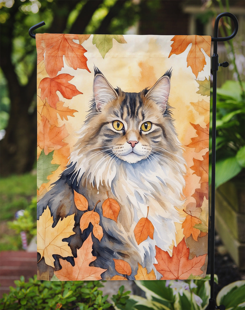 Norwegian Forest Cat in Fall Leaves Garden Flag