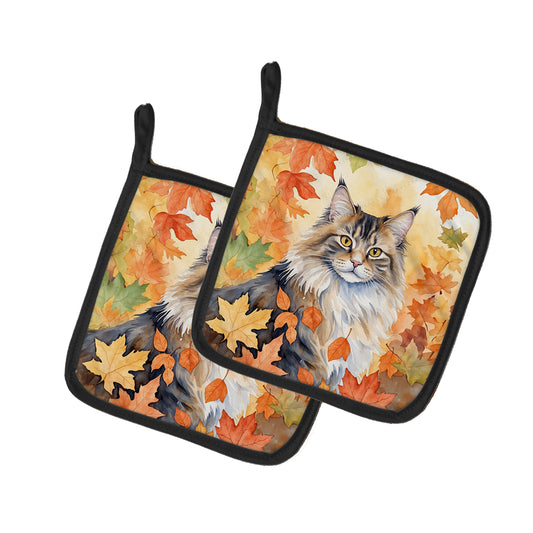 Buy this Norwegian Forest Cat in Fall Leaves Pair of Pot Holders