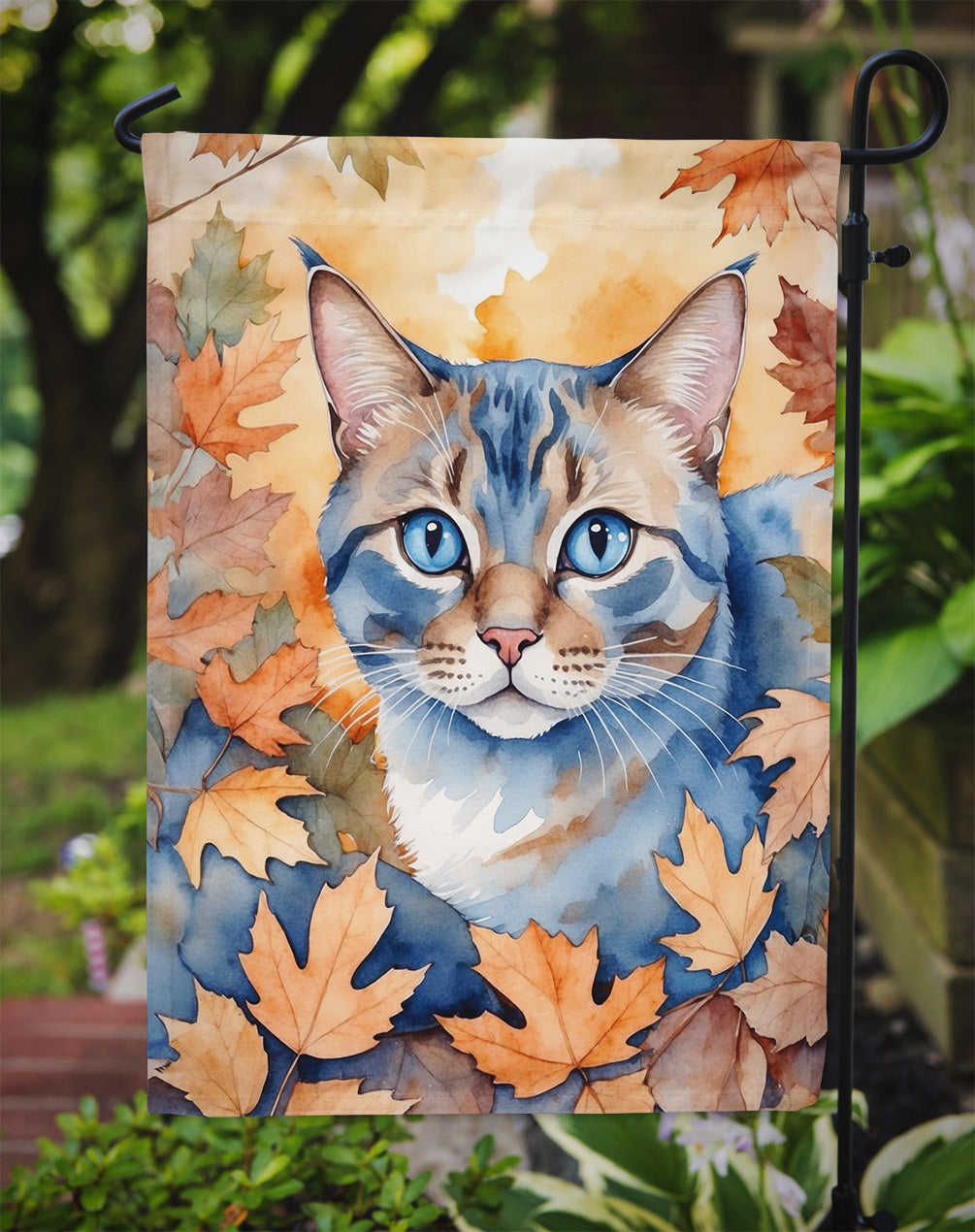 Ojos Azules Cat in Fall Leaves Garden Flag