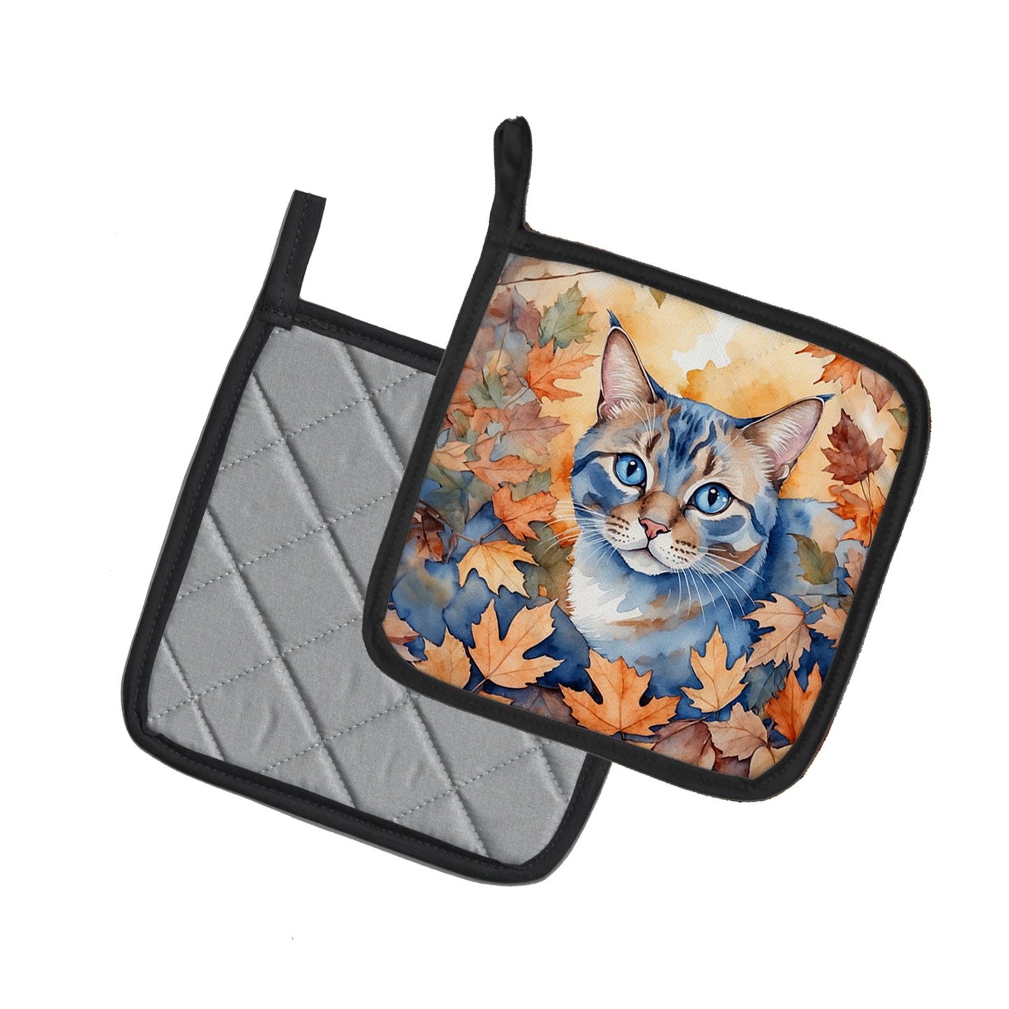 Ojos Azules Cat in Fall Leaves Pair of Pot Holders