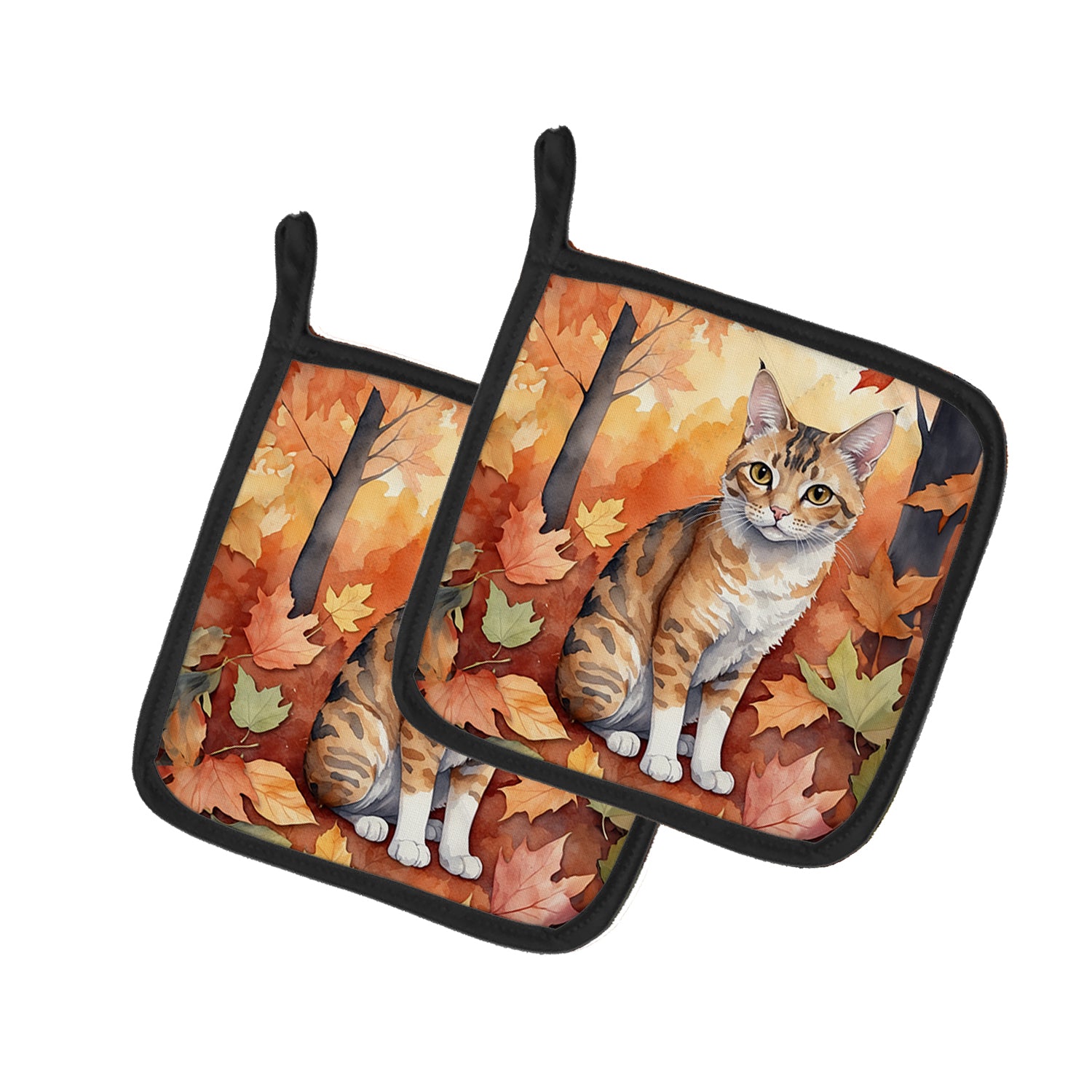 Buy this Oregon Rex Cat in Fall Leaves Pair of Pot Holders