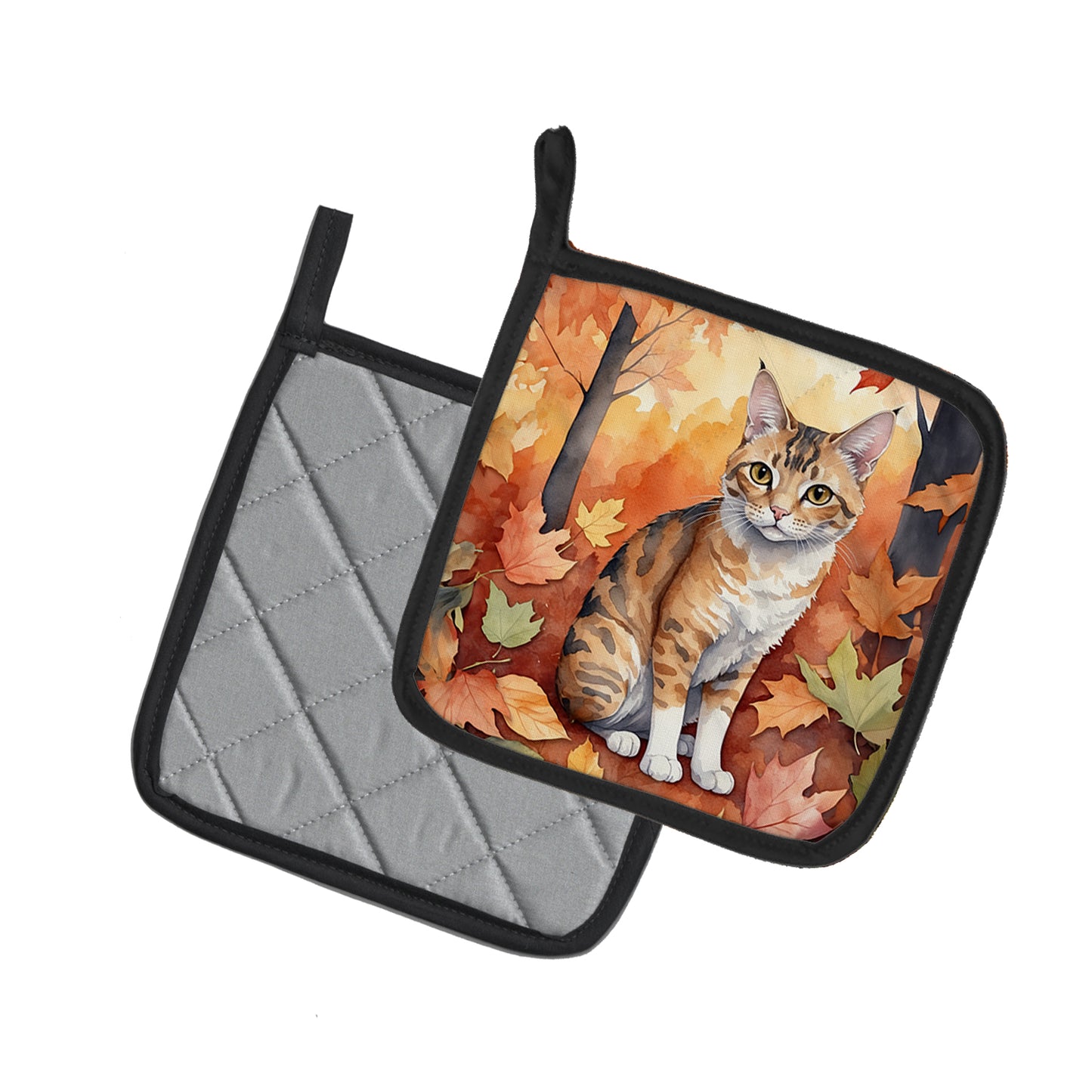 Oregon Rex Cat in Fall Leaves Pair of Pot Holders