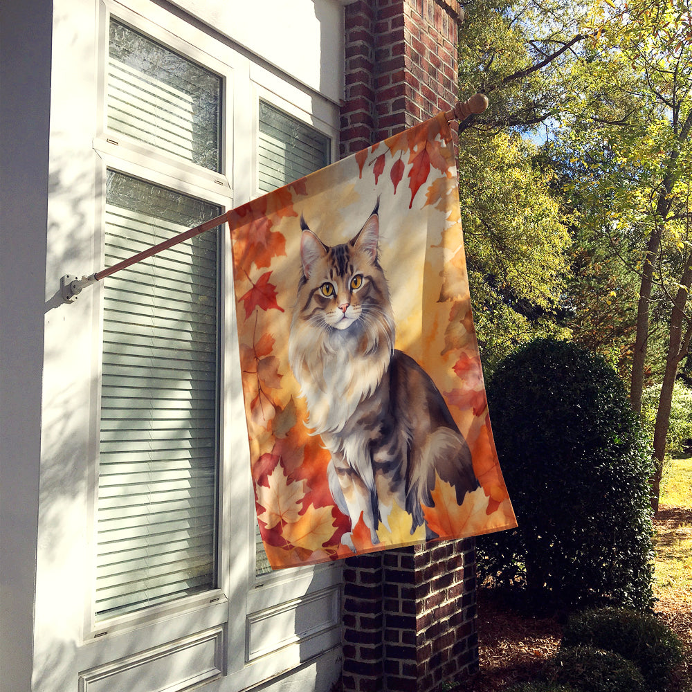 Oriental Longhair Cat in Fall Leaves House Flag