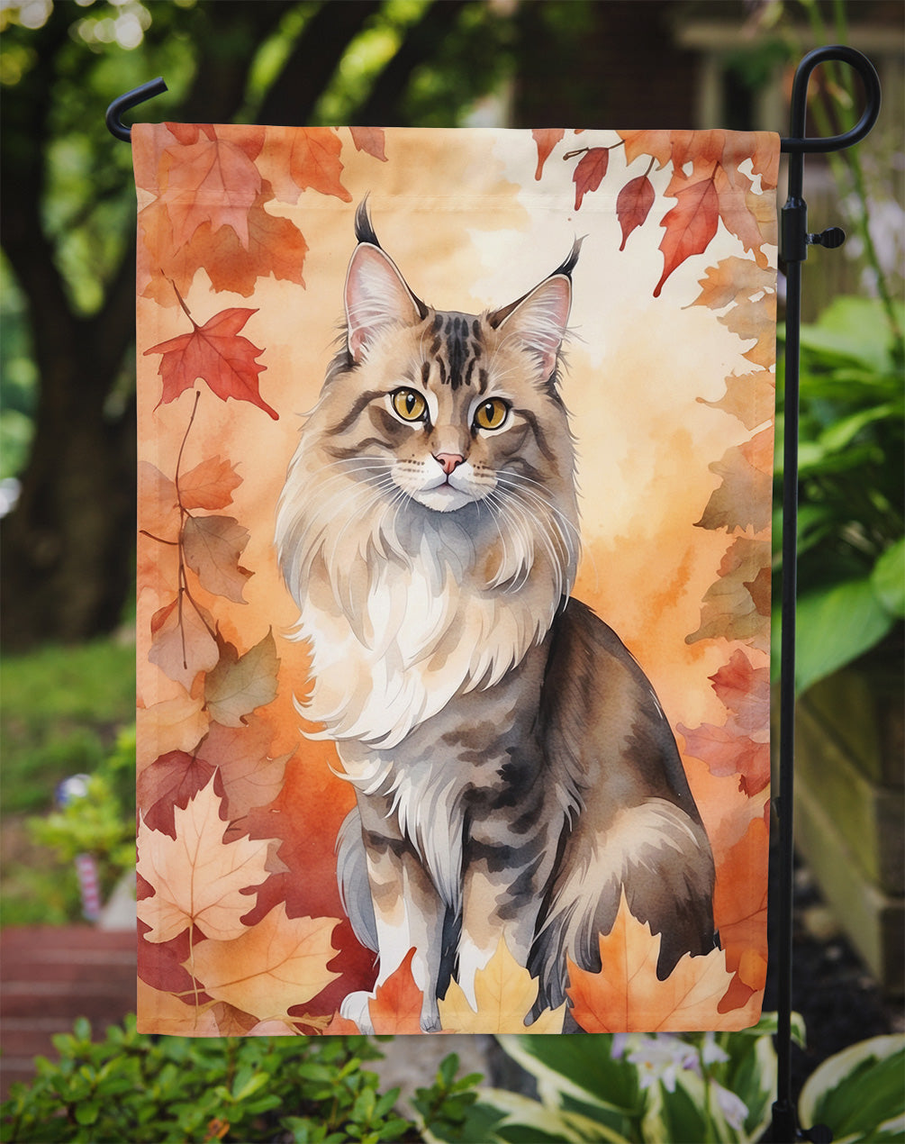 Oriental Longhair Cat in Fall Leaves Garden Flag