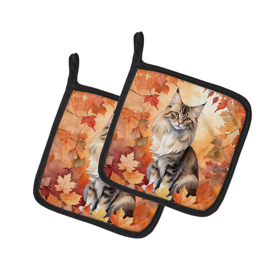 Buy this Oriental Longhair Cat in Fall Leaves Pair of Pot Holders