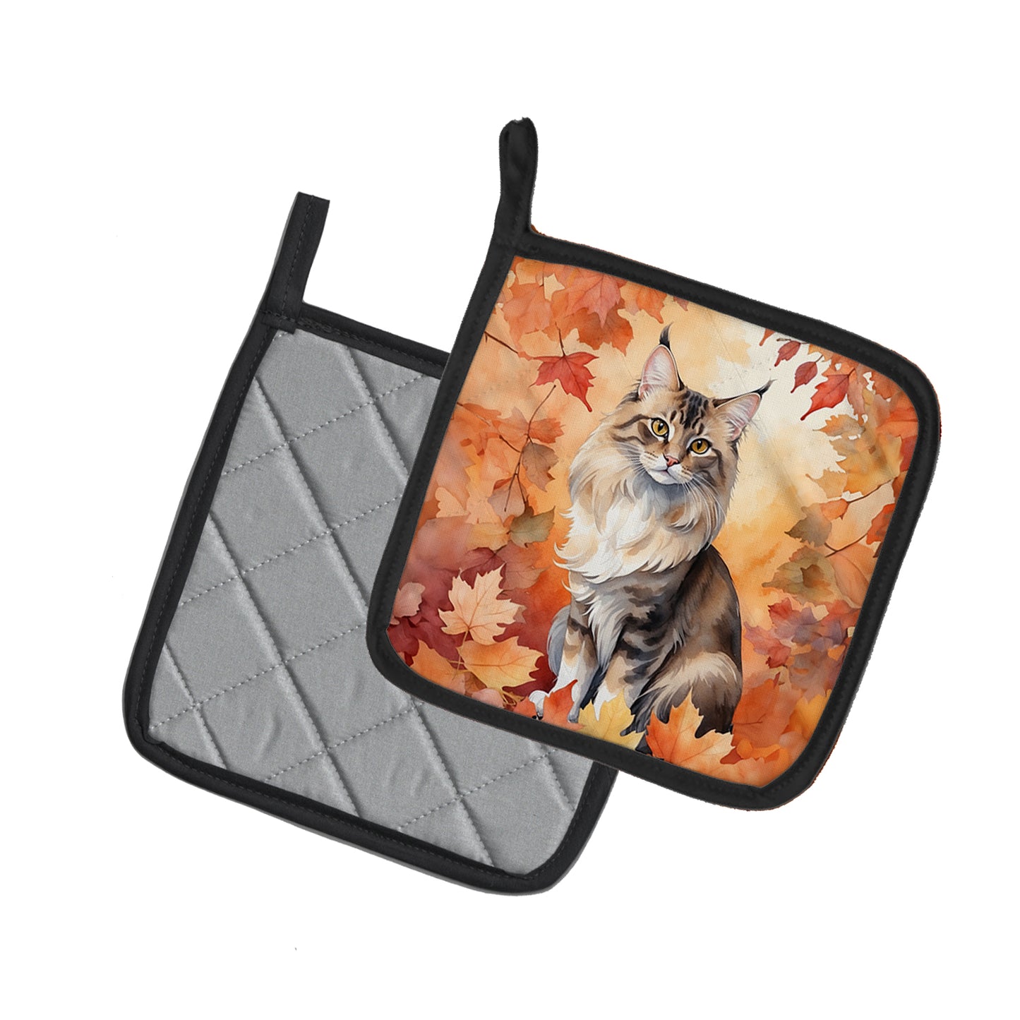 Oriental Longhair Cat in Fall Leaves Pair of Pot Holders