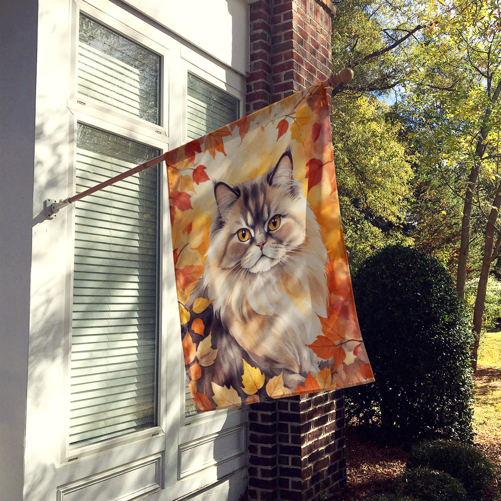 Persian Cat in Fall Leaves House Flag