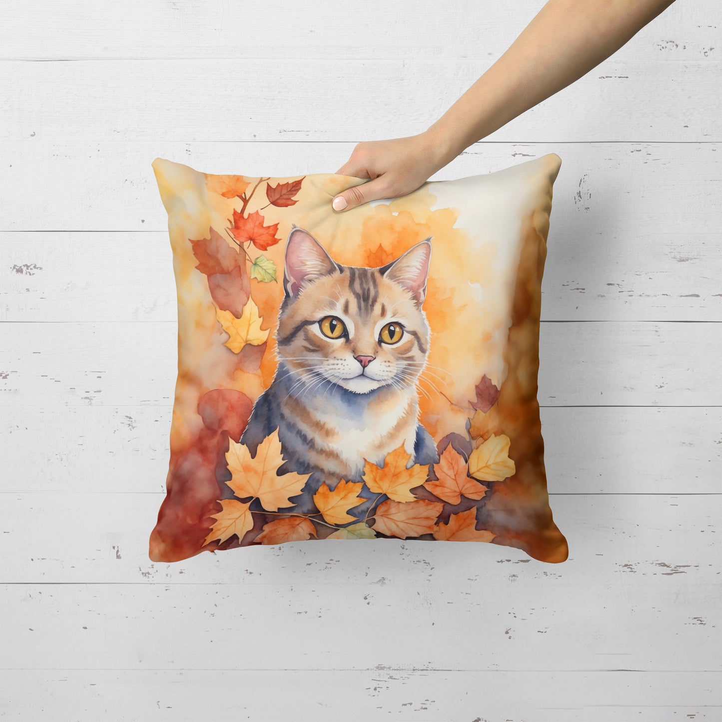 Raas Cat in Fall Leaves Throw Pillow