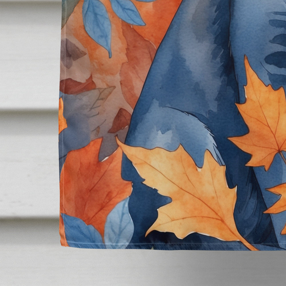 Russian Blue Cat in Fall Leaves House Flag