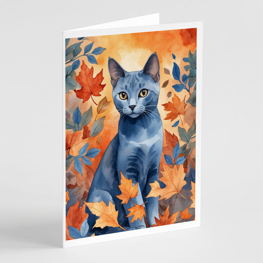 Buy this Russian Blue Cat in Fall Leaves Greeting Cards Pack of 8