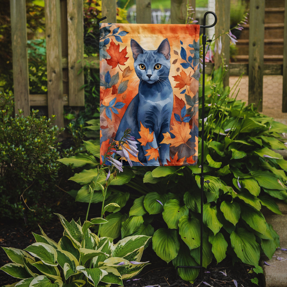 Russian Blue Cat in Fall Leaves Garden Flag