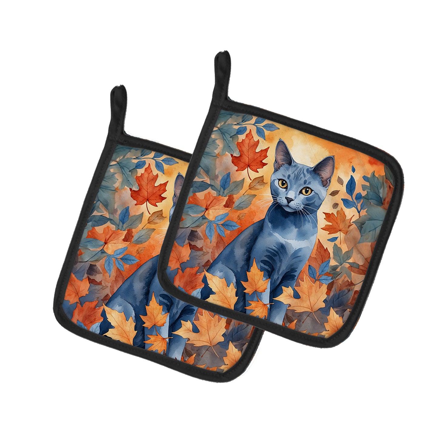 Buy this Russian Blue Cat in Fall Leaves Pair of Pot Holders