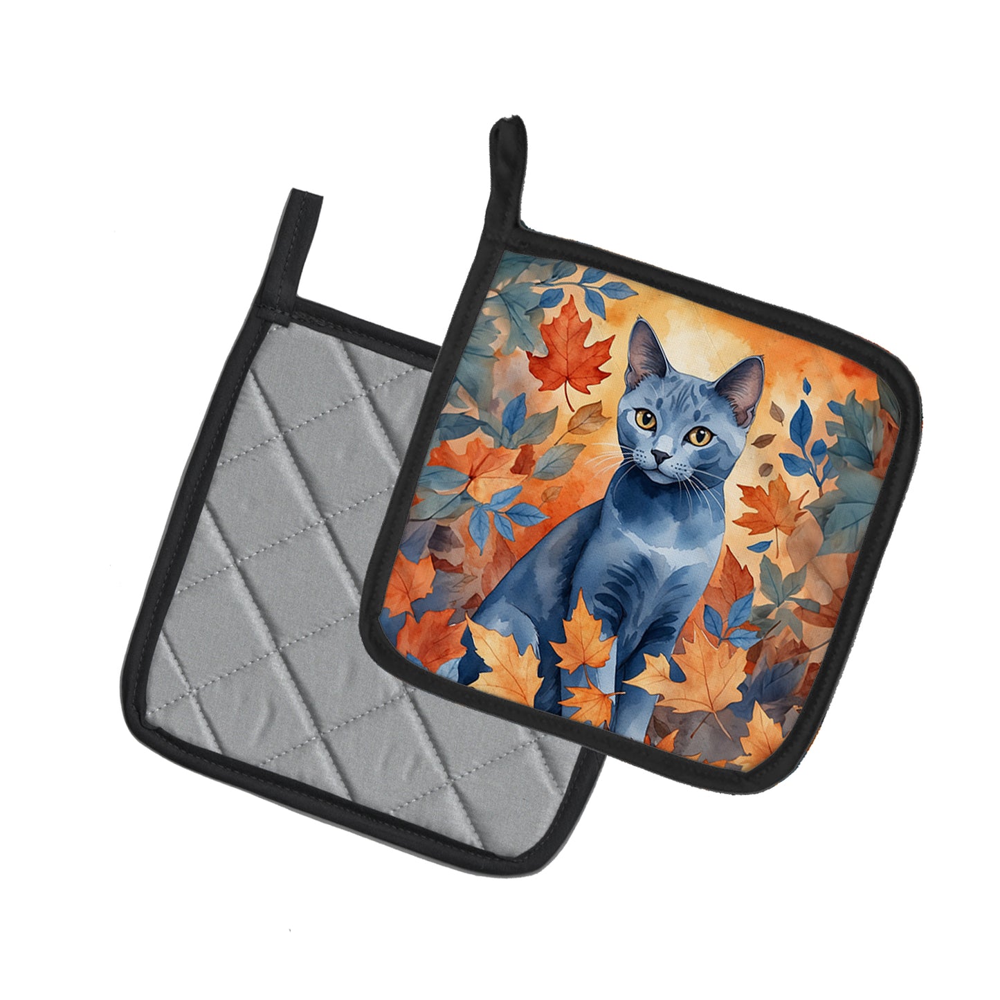 Russian Blue Cat in Fall Leaves Pair of Pot Holders