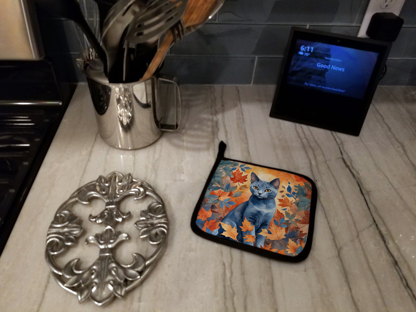Russian Blue Cat in Fall Leaves Pair of Pot Holders