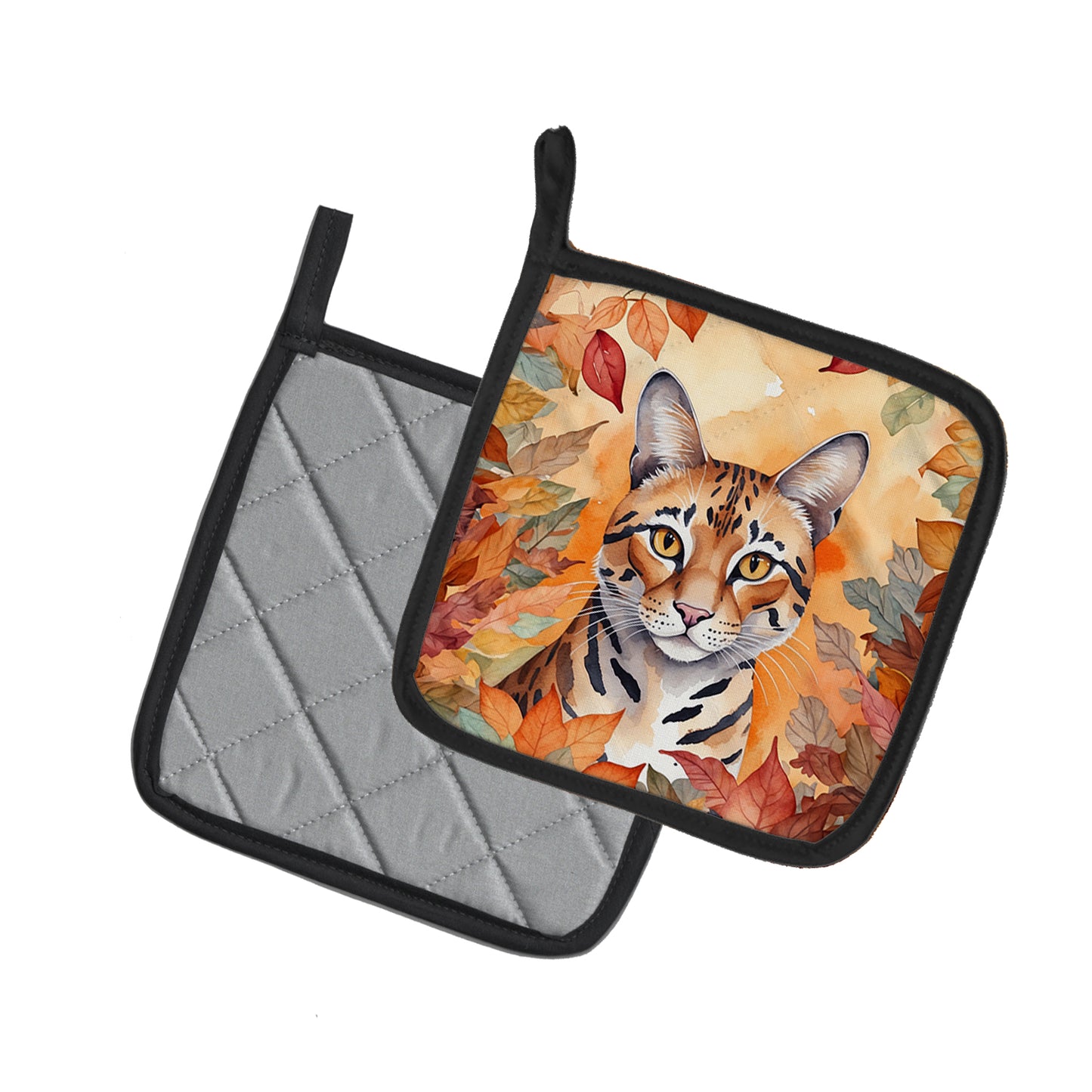 Safari Cat in Fall Leaves Pair of Pot Holders