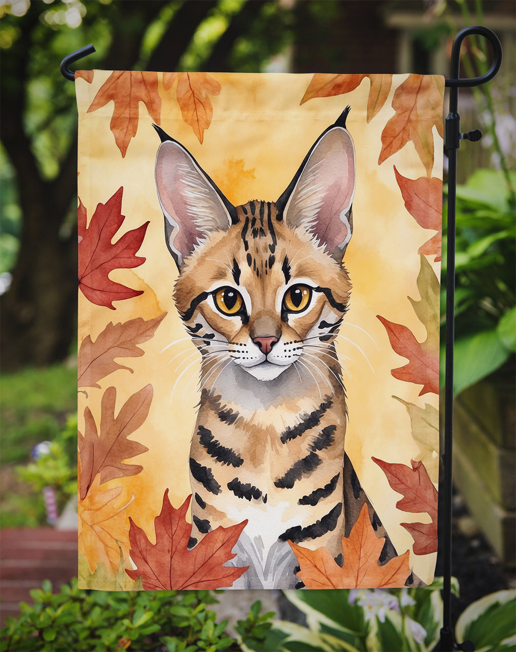 Savannah Cat in Fall Leaves Garden Flag