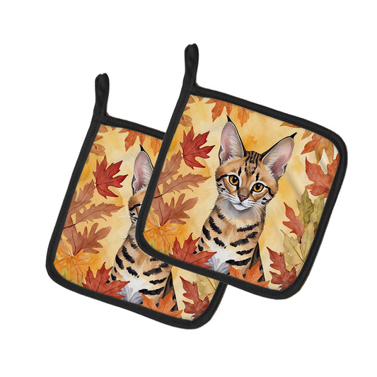 Buy this Savannah Cat in Fall Leaves Pair of Pot Holders
