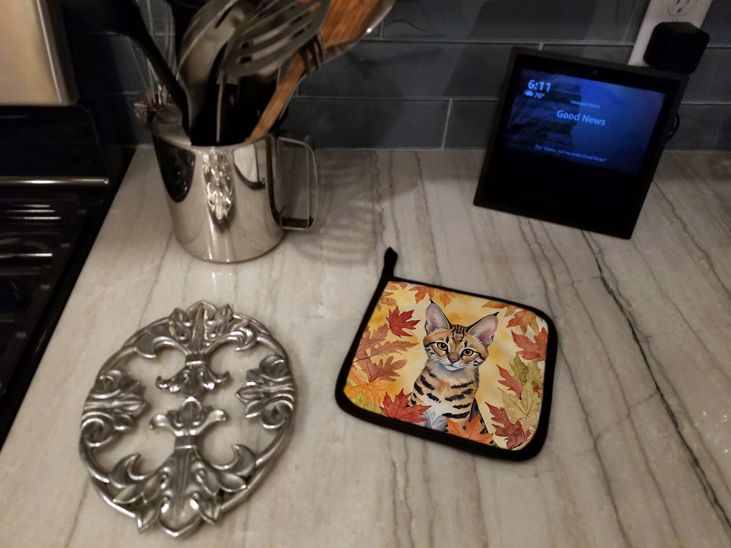 Savannah Cat in Fall Leaves Pair of Pot Holders