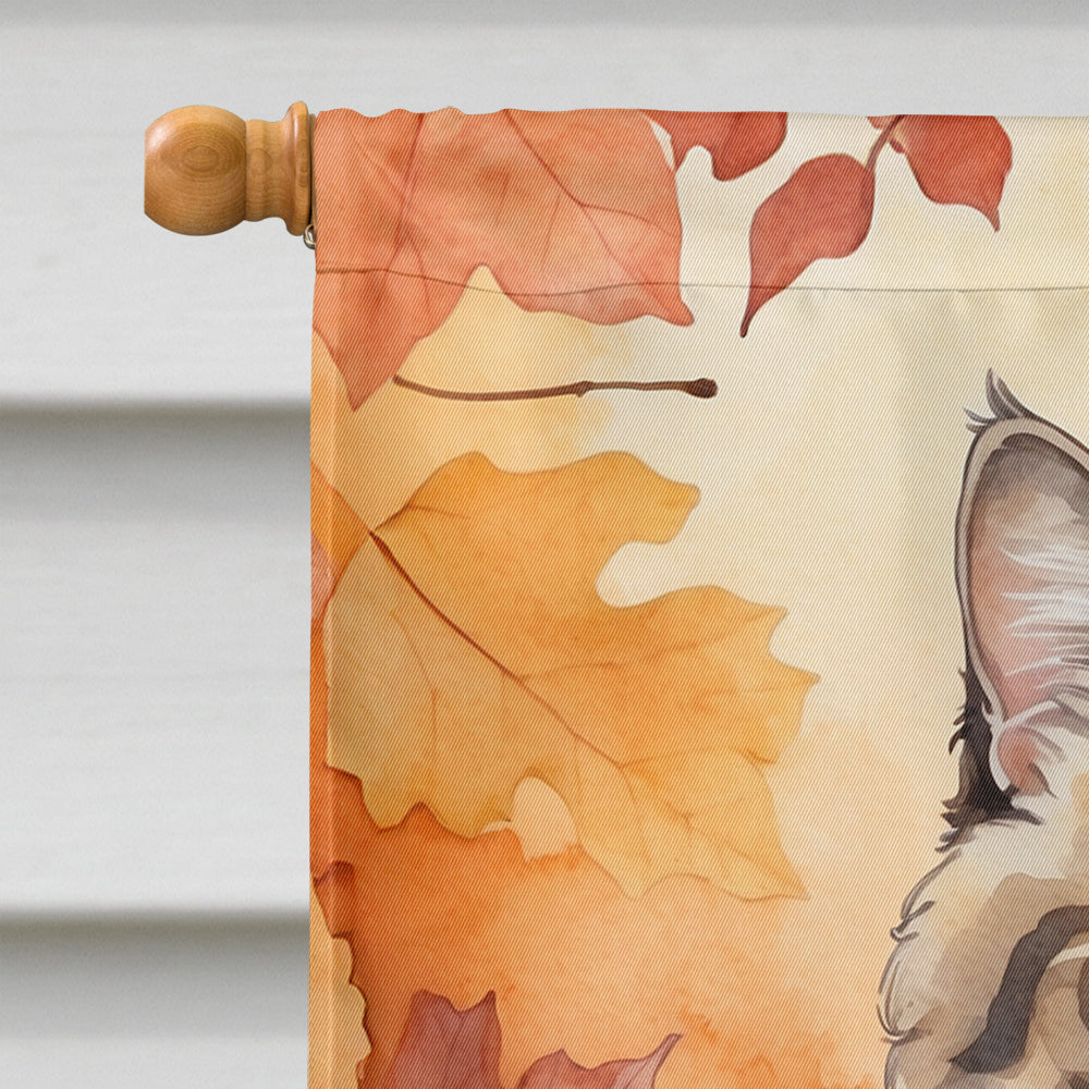 Selkirk Rex Cat in Fall Leaves House Flag