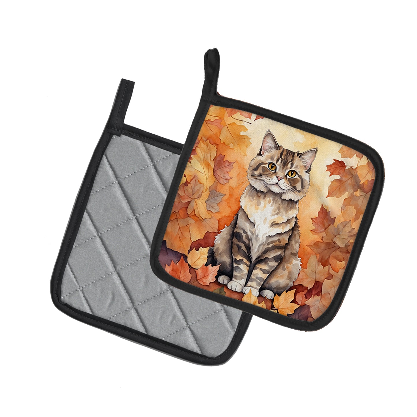 Selkirk Rex Cat in Fall Leaves Pair of Pot Holders