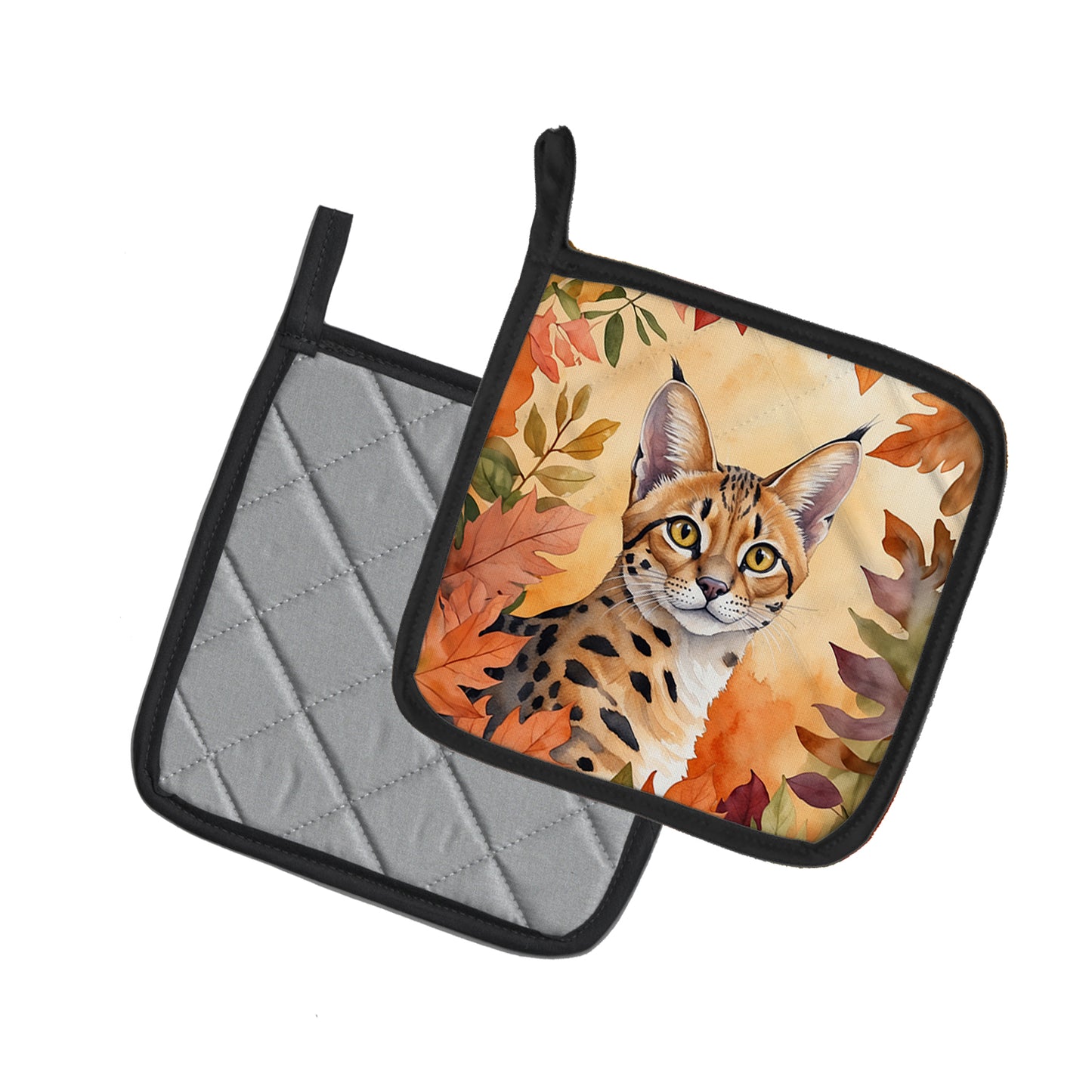 Serengeti Cat in Fall Leaves Pair of Pot Holders
