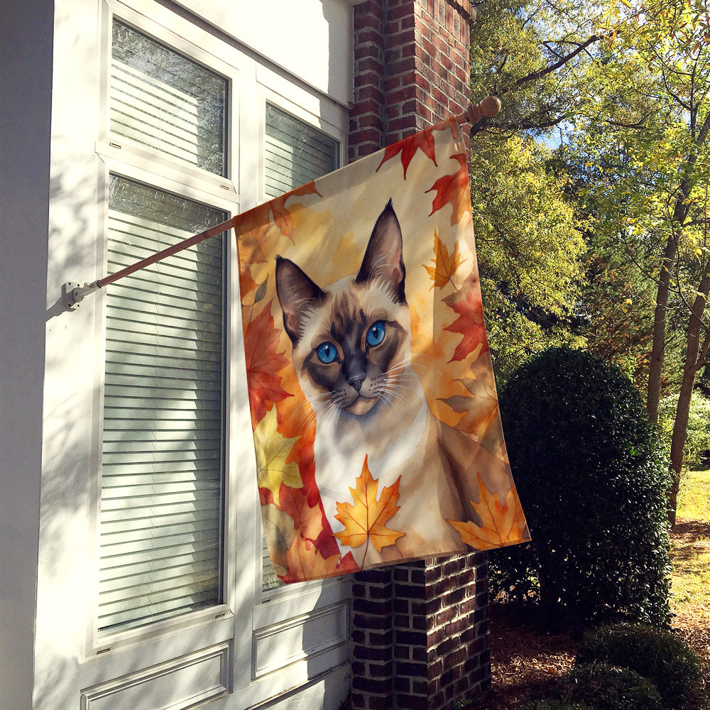 Siamese Cat in Fall Leaves House Flag