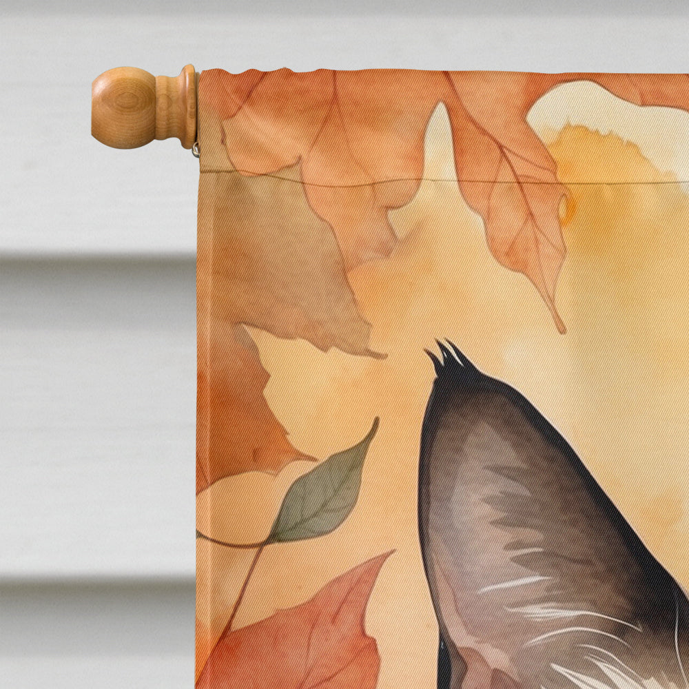 Siamese Cat in Fall Leaves House Flag