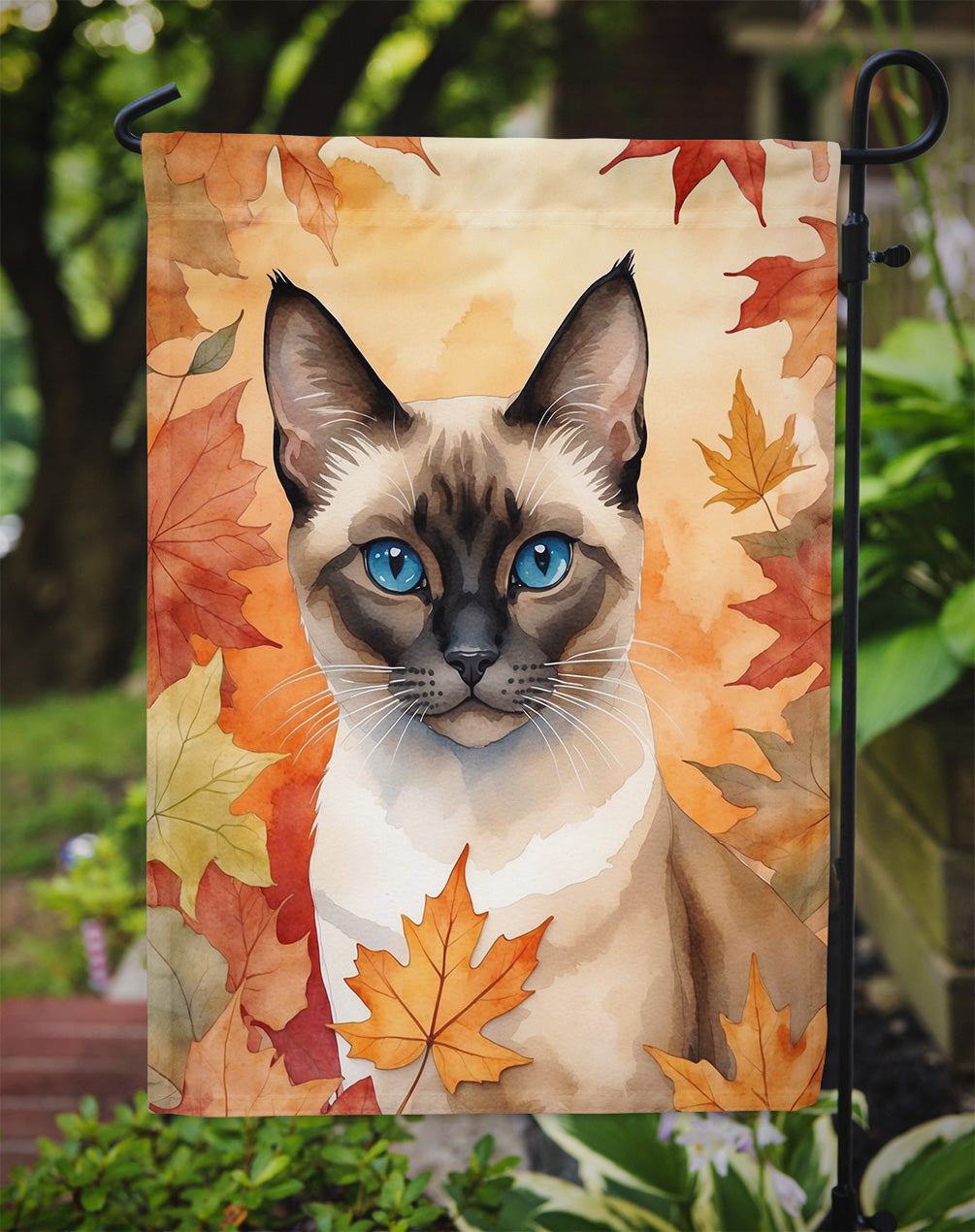 Siamese Cat in Fall Leaves Garden Flag
