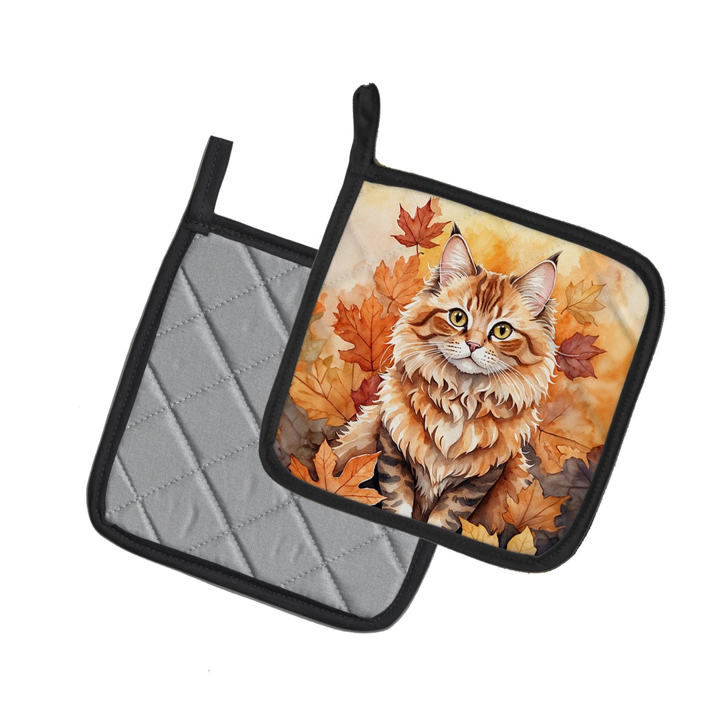 Skookum Cat in Fall Leaves Pair of Pot Holders
