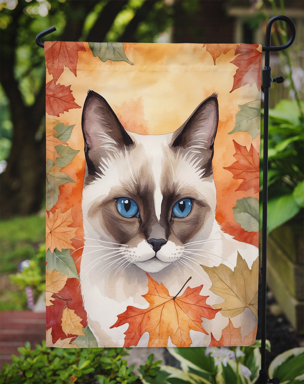 Snowshoe Cat in Fall Leaves Garden Flag