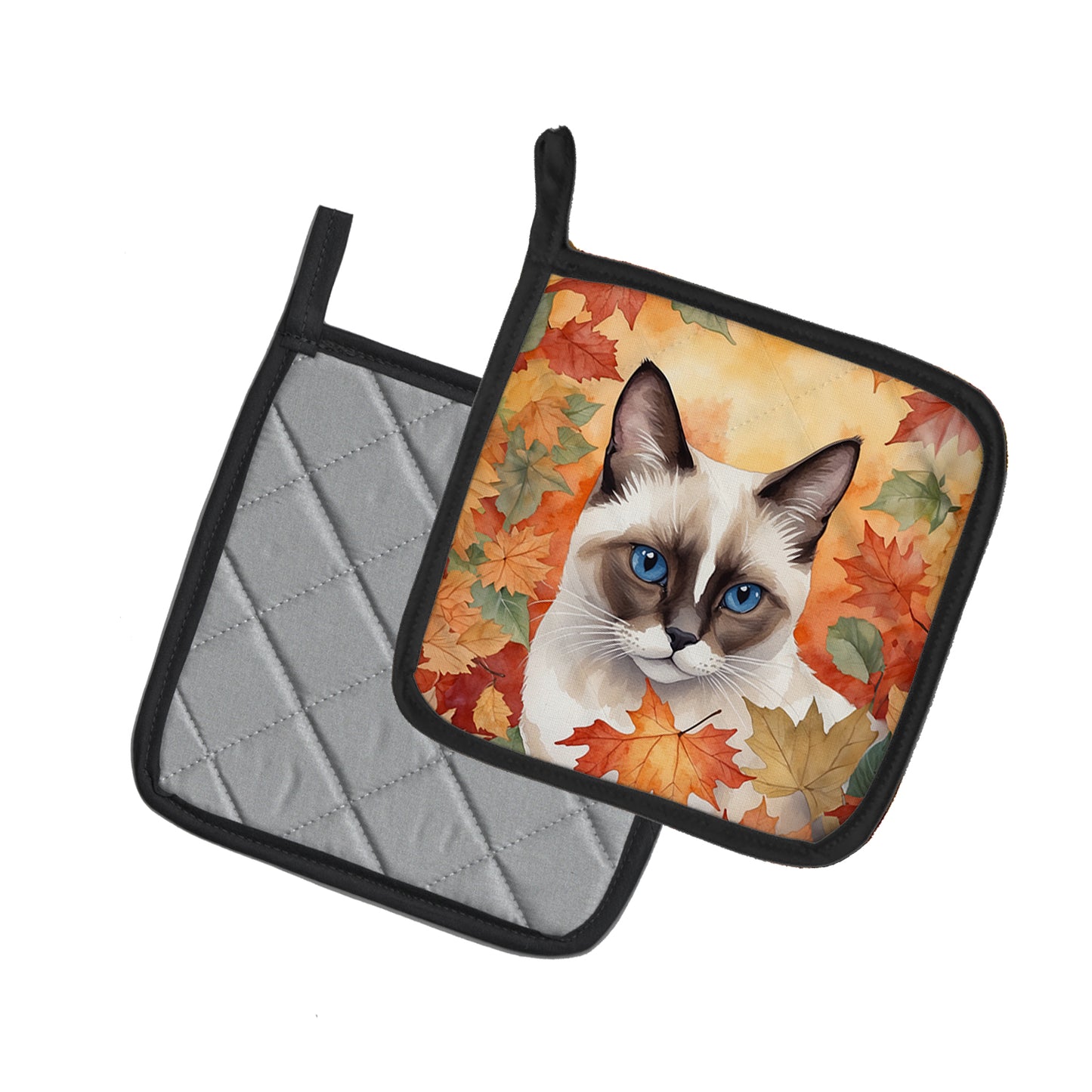 Snowshoe Cat in Fall Leaves Pair of Pot Holders