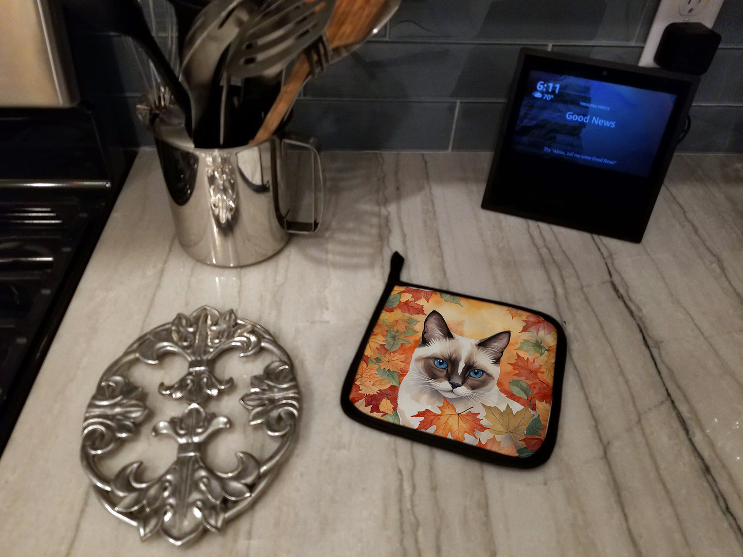 Snowshoe Cat in Fall Leaves Pair of Pot Holders
