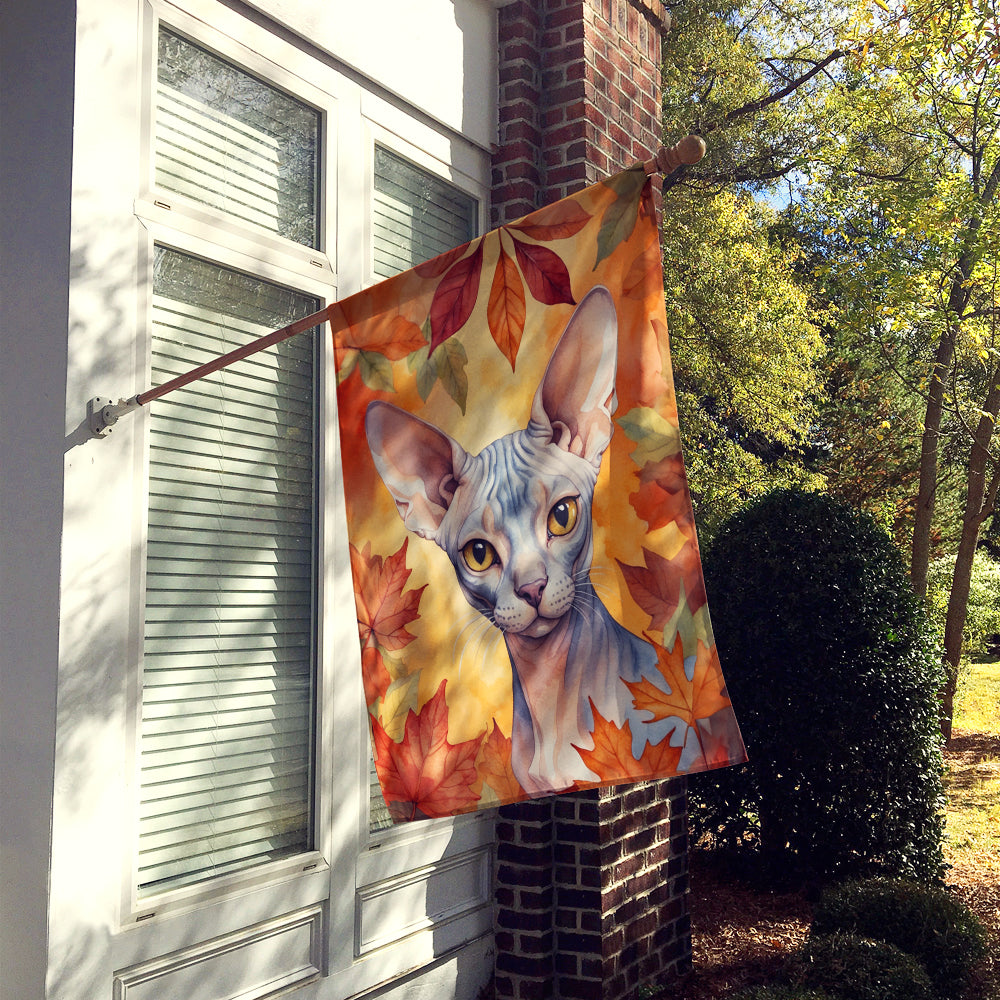 Sphynx Cat in Fall Leaves House Flag