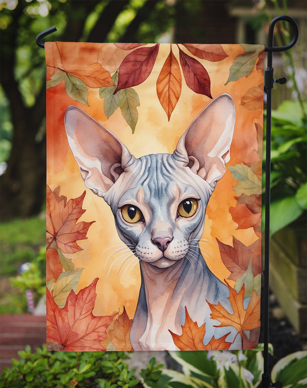 Sphynx Cat in Fall Leaves Garden Flag