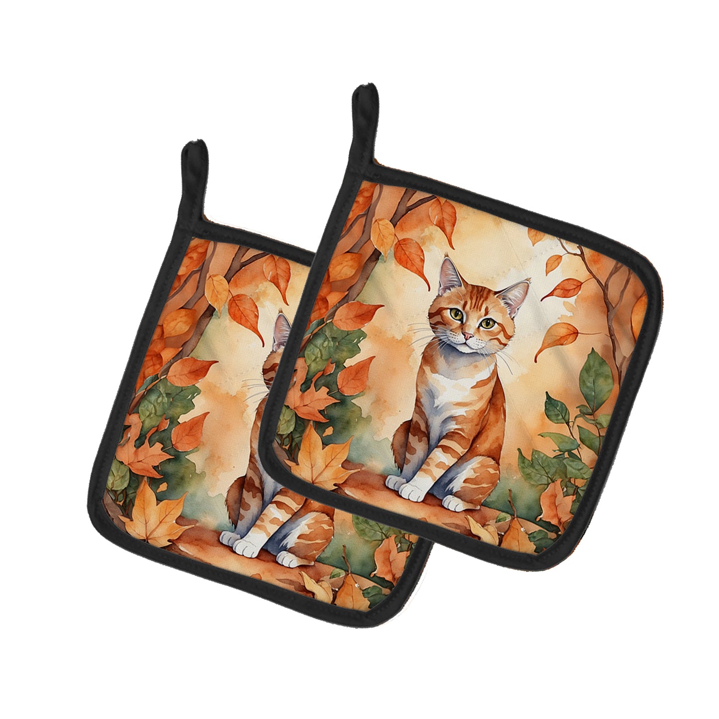 Buy this Suphalak Cat in Fall Leaves Pair of Pot Holders
