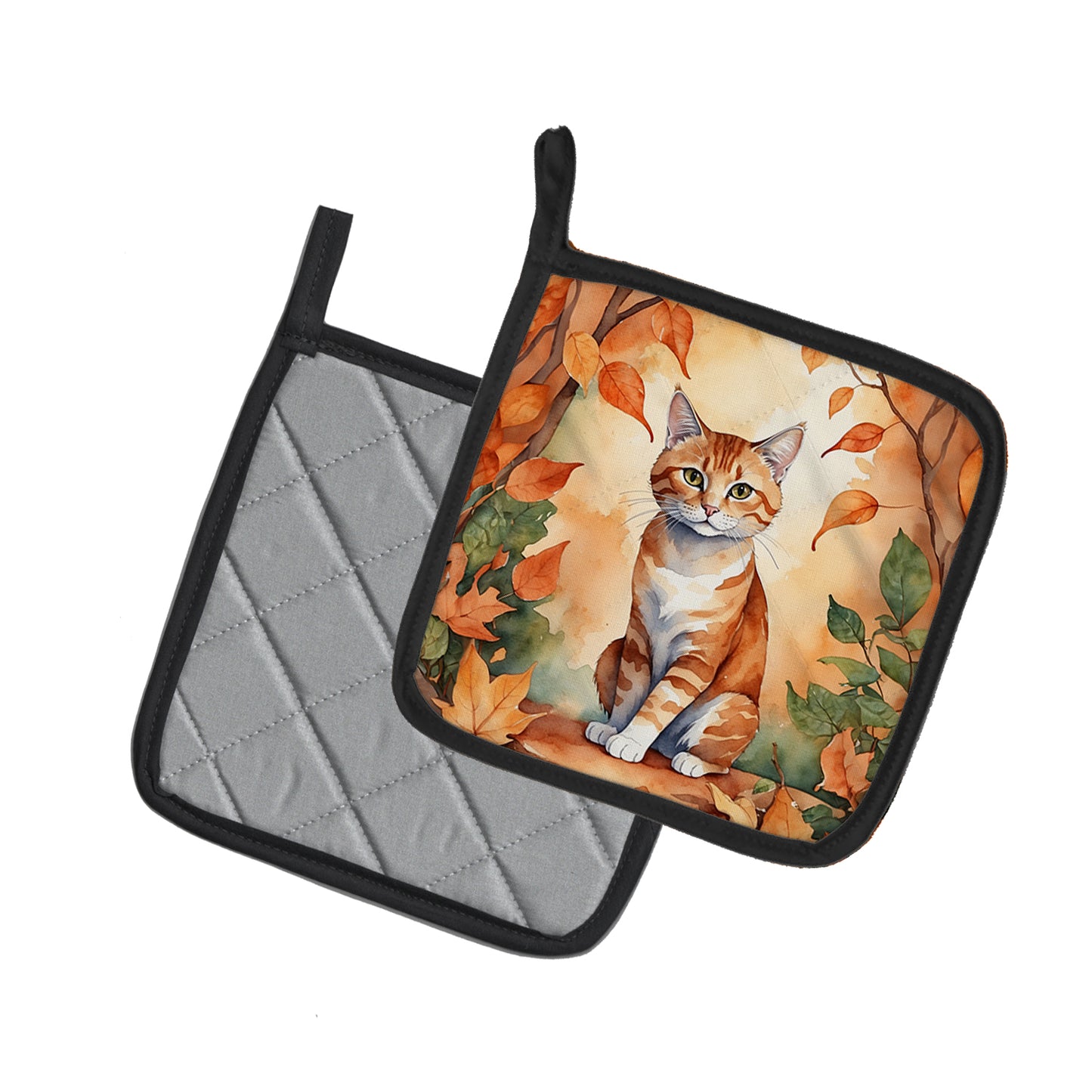 Suphalak Cat in Fall Leaves Pair of Pot Holders