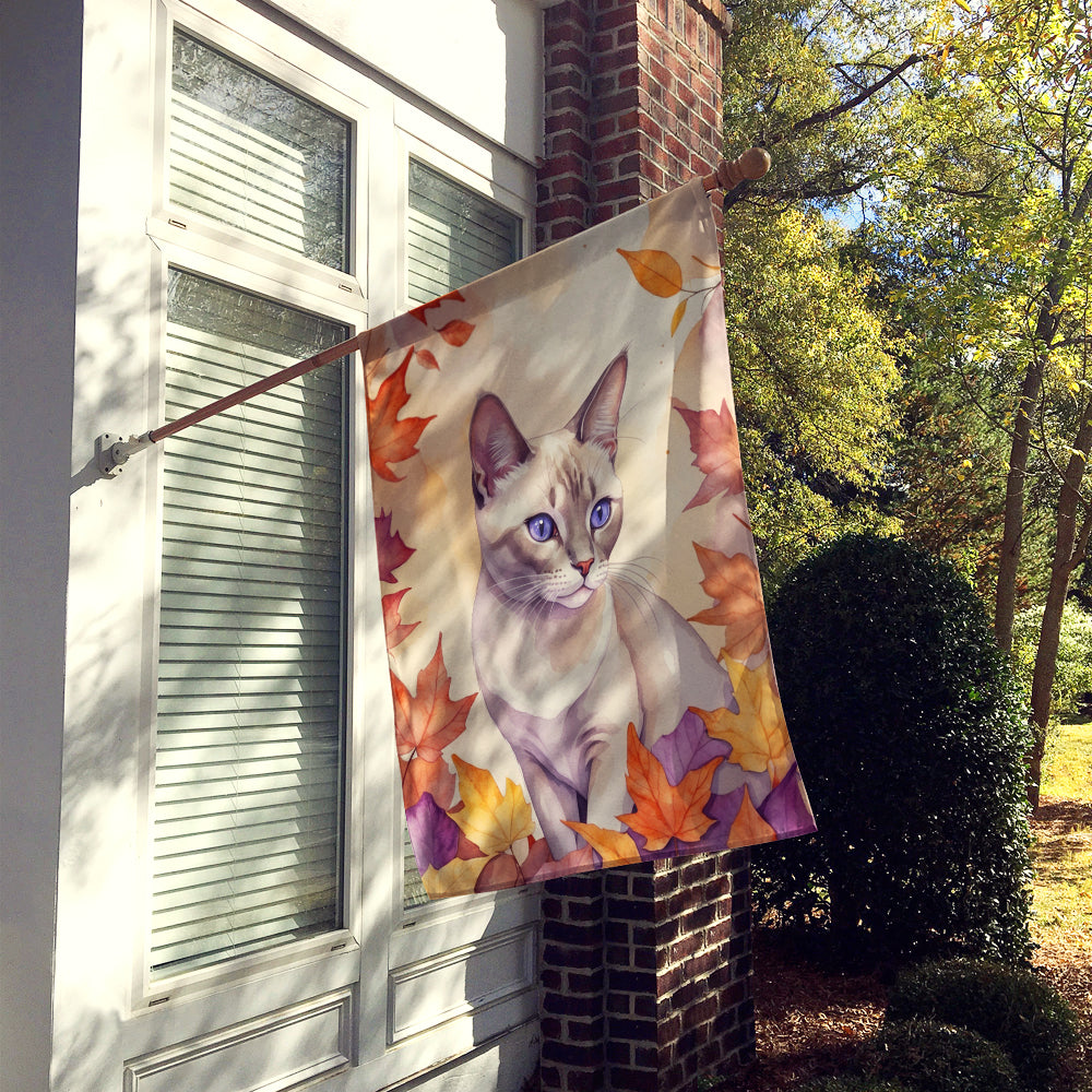 Thai Lilac Cat in Fall Leaves House Flag