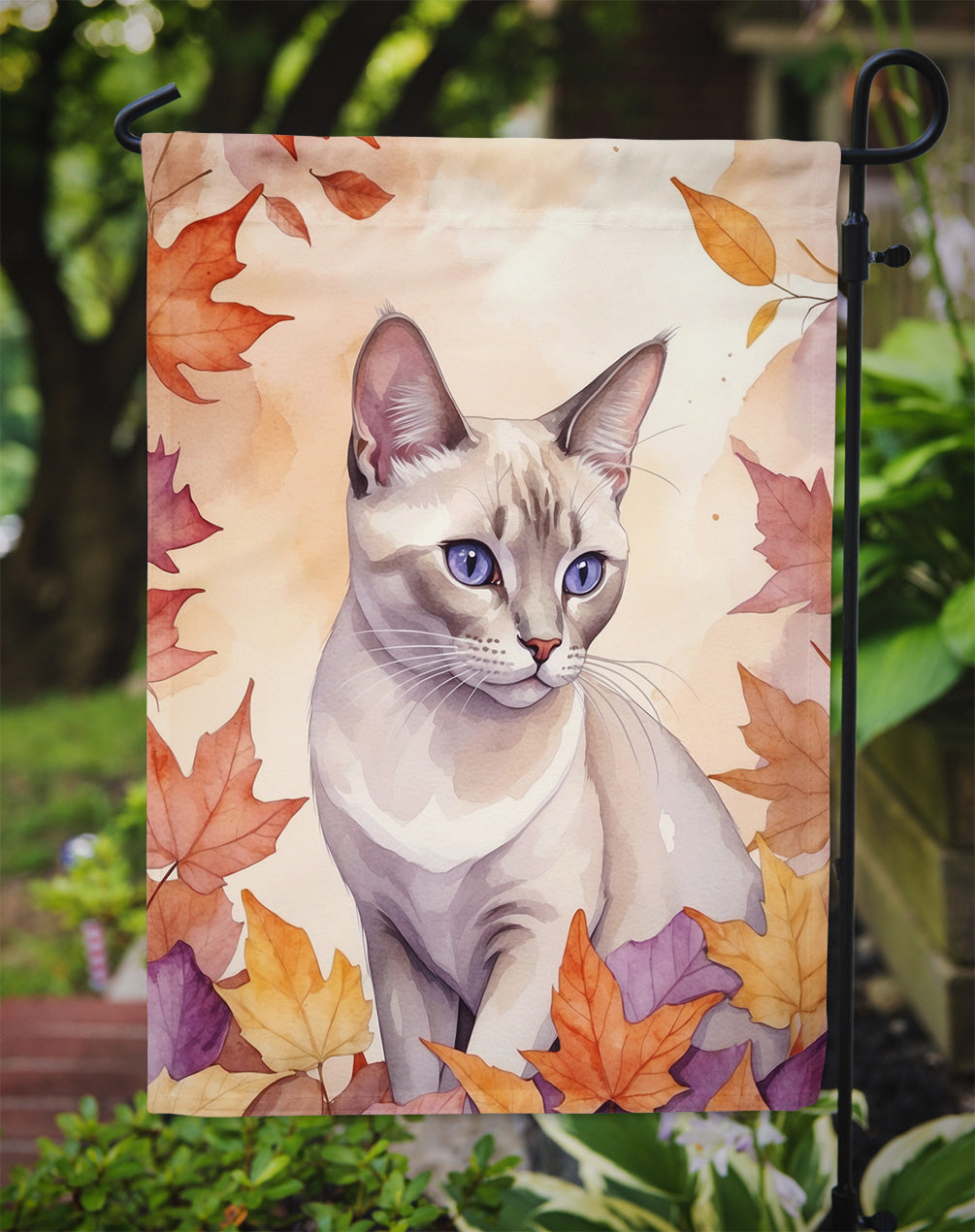 Thai Lilac Cat in Fall Leaves Garden Flag