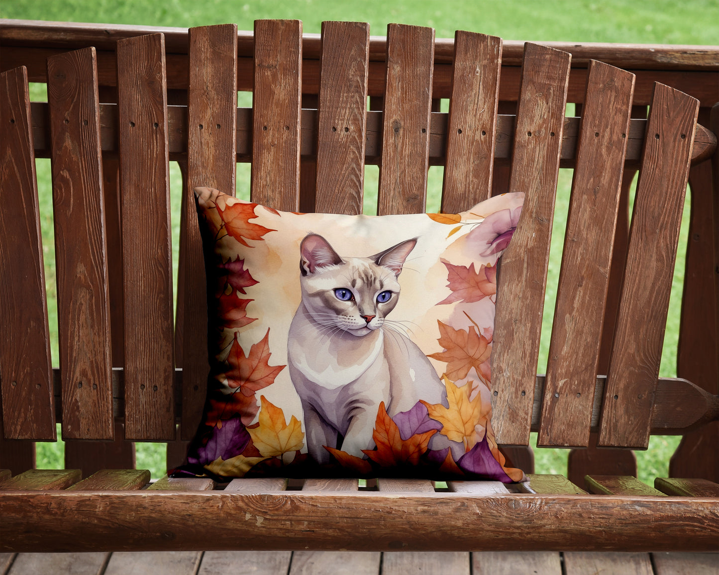 Thai Lilac Cat in Fall Leaves Throw Pillow